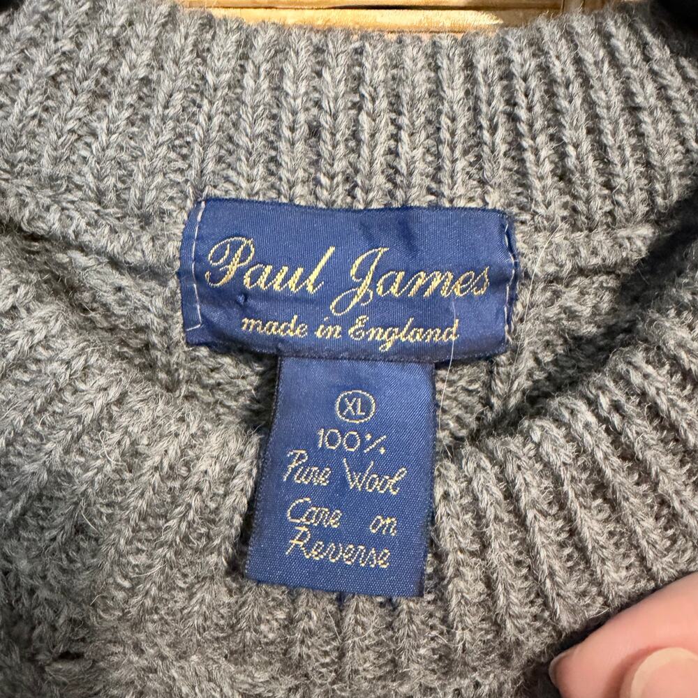 Vintage Paul James gray 100% wool men’s sweater XL England cable knit grandpa - Picture 3 of 8